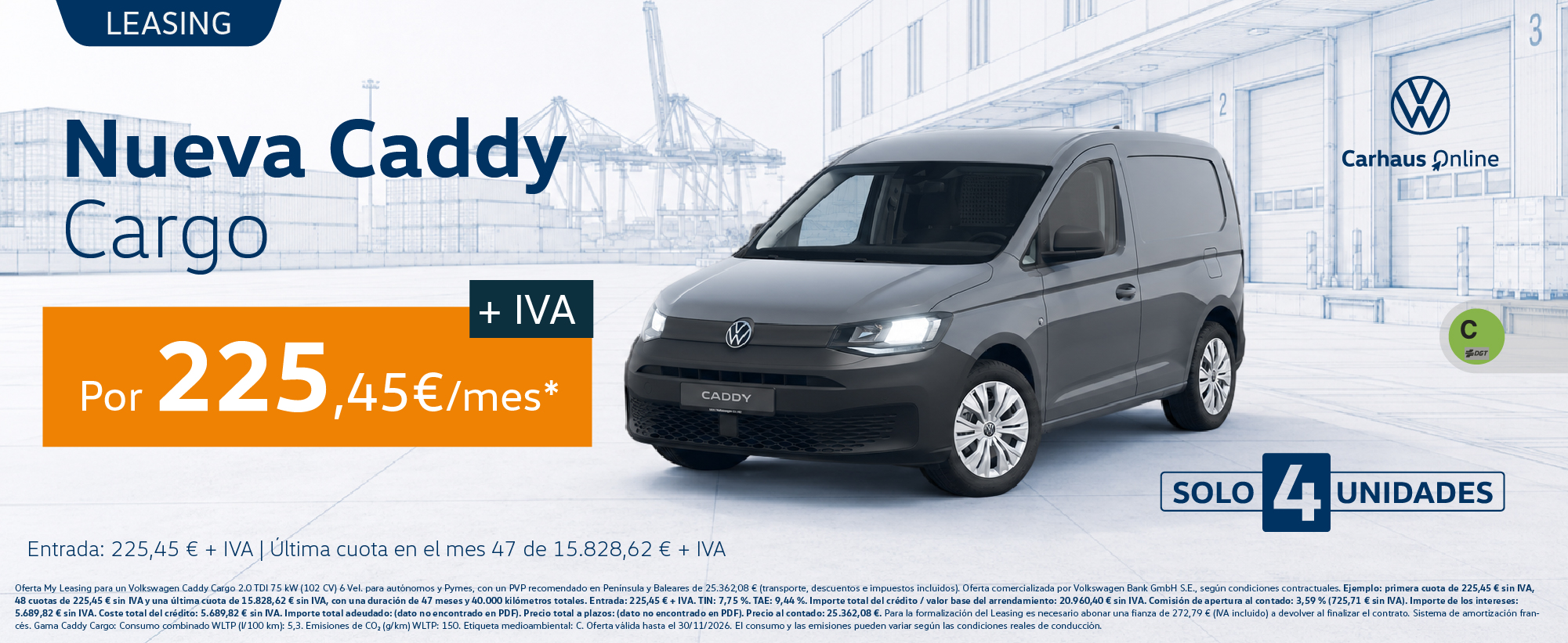 Volkswagen Caddy Cargo leasing por 225,45 euros al mes más IVA